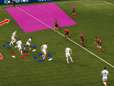 Tactical analysis of a 1-3-3-1 rugby attacking system showing player positioning and attacking space
