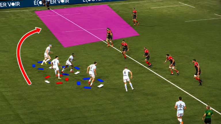Tactical analysis of a 1-3-3-1 rugby attacking system showing player positioning and attacking space