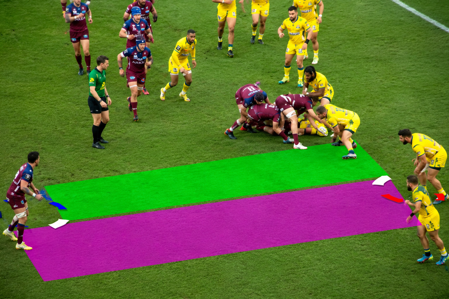 Rugby training image showing field zones used to coach forward pod rotation in a 1-3-3-1 attack