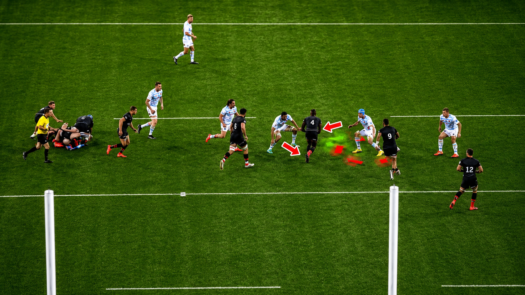 Rugby defender controlling the tackle approach and inside space during a defensive phase
