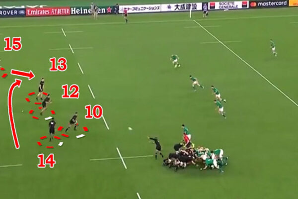 Rugby tactics and strategy analysis showing attacking and defensive player positioning