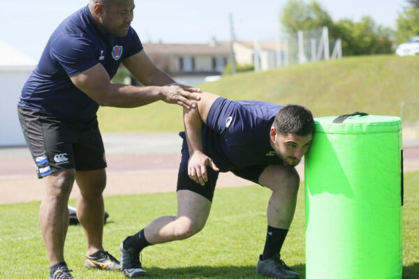 Rugby defender practising the power step before contact