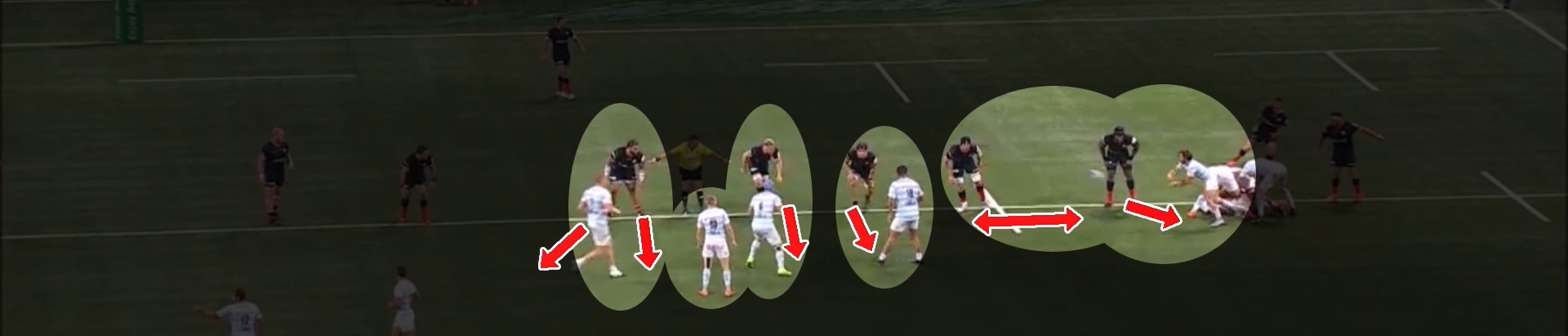 Rugby rush defence showing connected defenders moving forward around the ruck