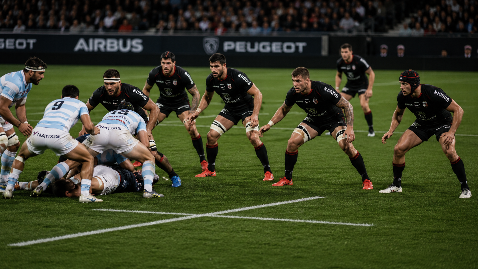 Rugby defensive ruck structure with organised defensive line