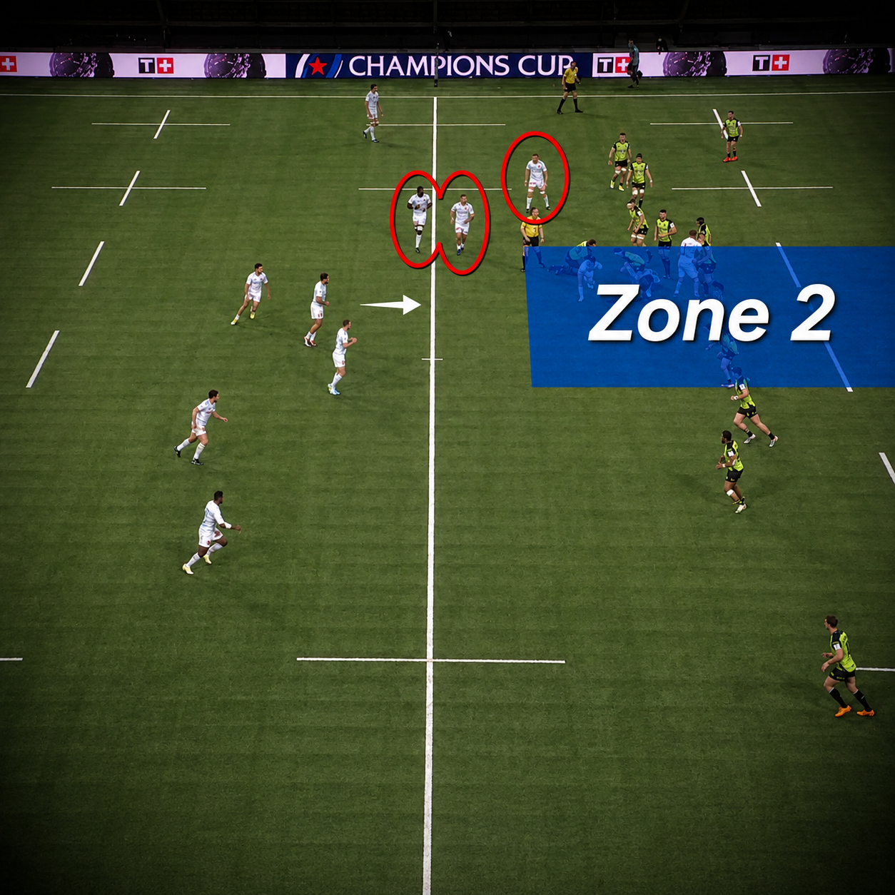 Central field zone used by rugby coaches to teach pod rotation decisions in a 1-3-3-1 attacking system