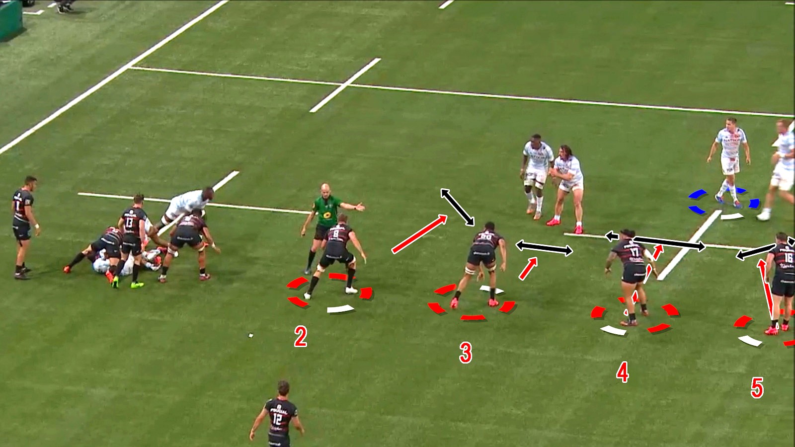 Rugby defensive ruck structure analysis showing player positioning and defensive roles