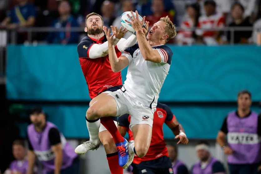 USA rugby player competing for the ball during an international match